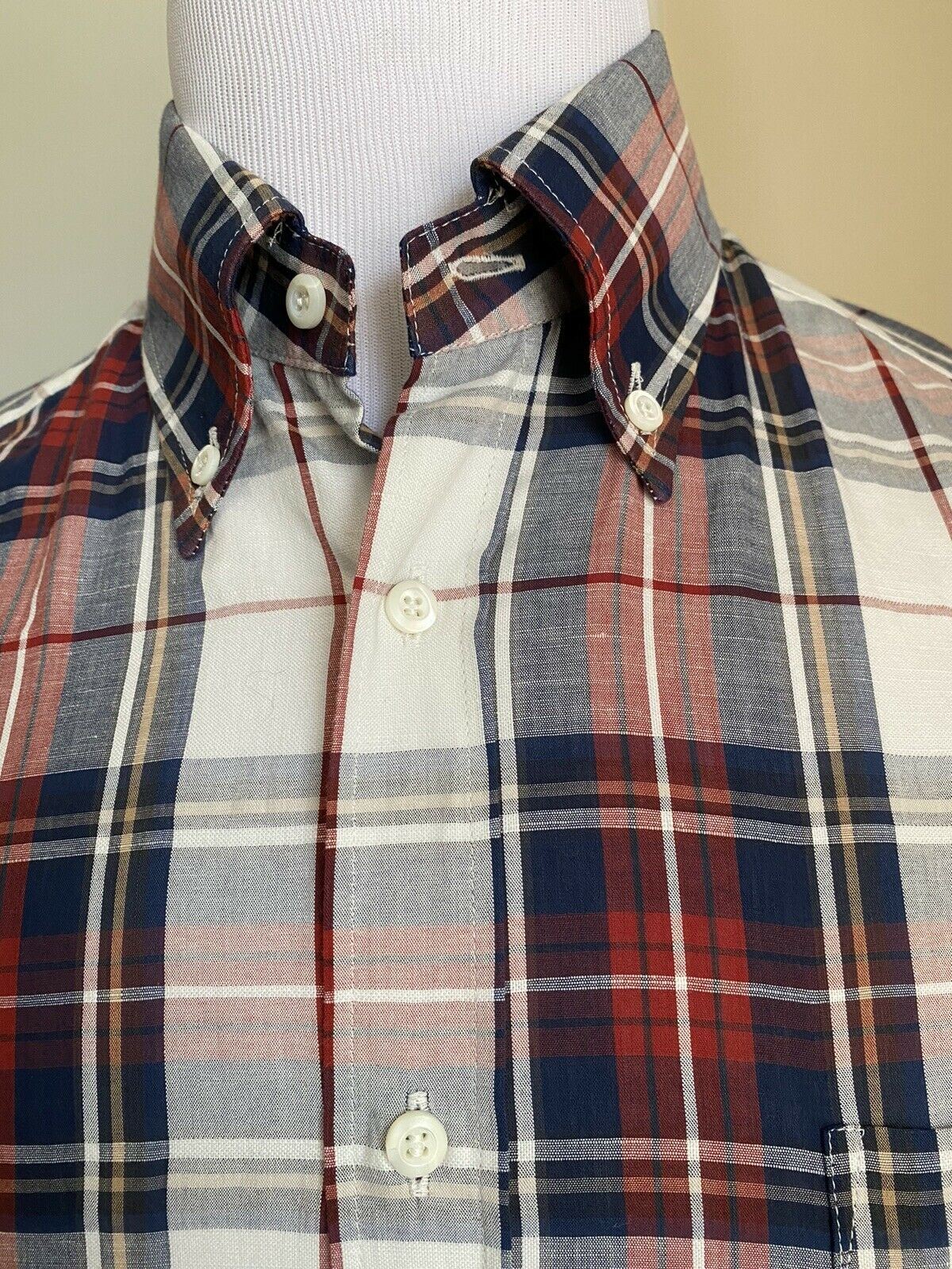 NWT $895 Brunello Cucinelli Мужская рубашка из льна/хлопка базового кроя бежевого/темно-синего цвета M Италия