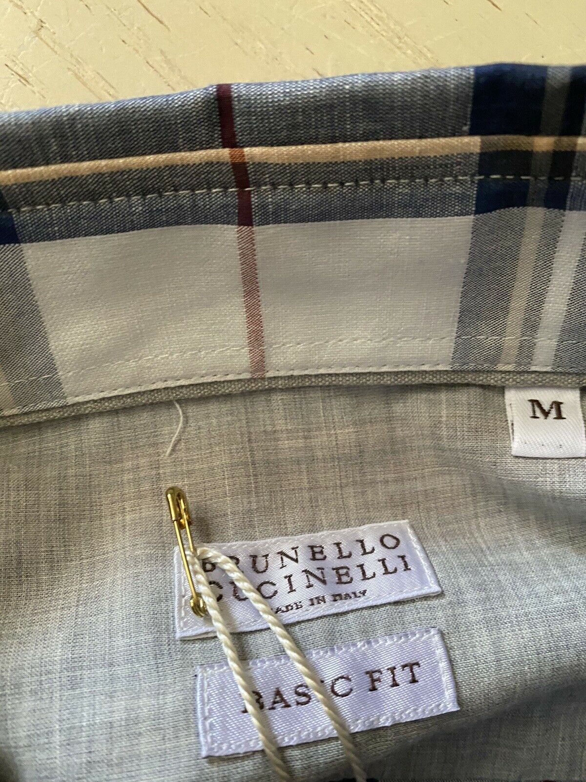 NWT $895 Brunello Cucinelli Мужская рубашка из льна/хлопка базового кроя бежевого/темно-синего цвета M Италия
