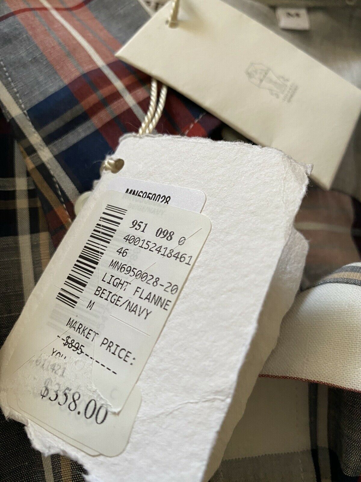 NWT $895 Brunello Cucinelli Men Linen/Cotton Shirt Basic Fit Beige/Navy M Italy