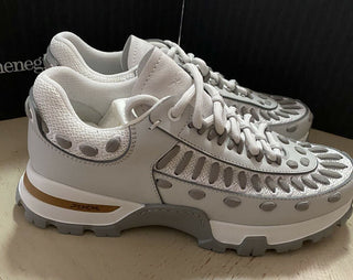 Neu $795 Ermenegildo Zegna Couture Leder-Sneakers Schuhe Weiß/Grau 10 US Italien