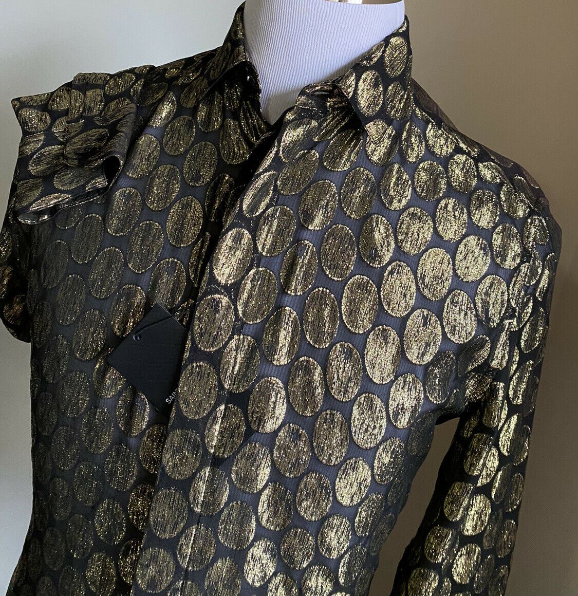 NWT $1490 Мужская шелковая классическая рубашка Saint Laurent черная/золотая M (38/15) Италия