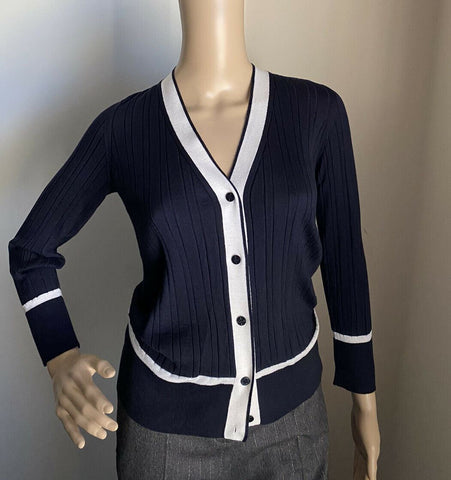 New $1650 Loro Piana Women Cashmere/Silk Knit Cardigan Sweater Navy/White US 4