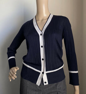 New $1650 Loro Piana Women Cashmere/Silk Knit Cardigan Sweater Navy/White US 4