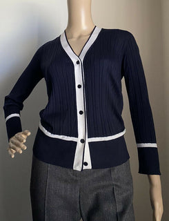 New $1650 Loro Piana Women Cashmere/Silk Knit Cardigan Sweater Navy/White US 4