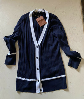 New $1650 Loro Piana Women Cashmere/Silk Knit Cardigan Sweater Navy/White US 4
