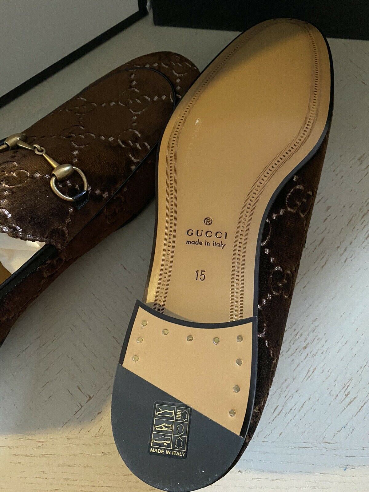 NIB Gucci Мужские бархатные/кожаные лоферы GG Коричневые 16 США (15 Великобритания) Италия