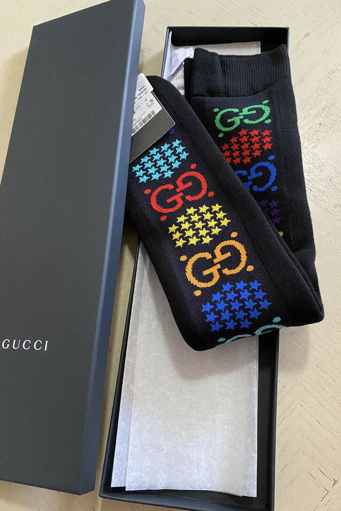 Neu mit Etikett: Gucci GG-Monogramm-Socken, Schwarz/Rot/Blau/Gelb, Größe M, Italien