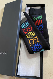 Neu mit Etikett: Gucci GG-Monogramm-Socken, Schwarz/Rot/Blau/Gelb, Größe M, Italien
