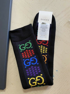 Neu mit Etikett: Gucci GG-Monogramm-Socken, Schwarz/Rot/Blau/Gelb, Größe M, Italien
