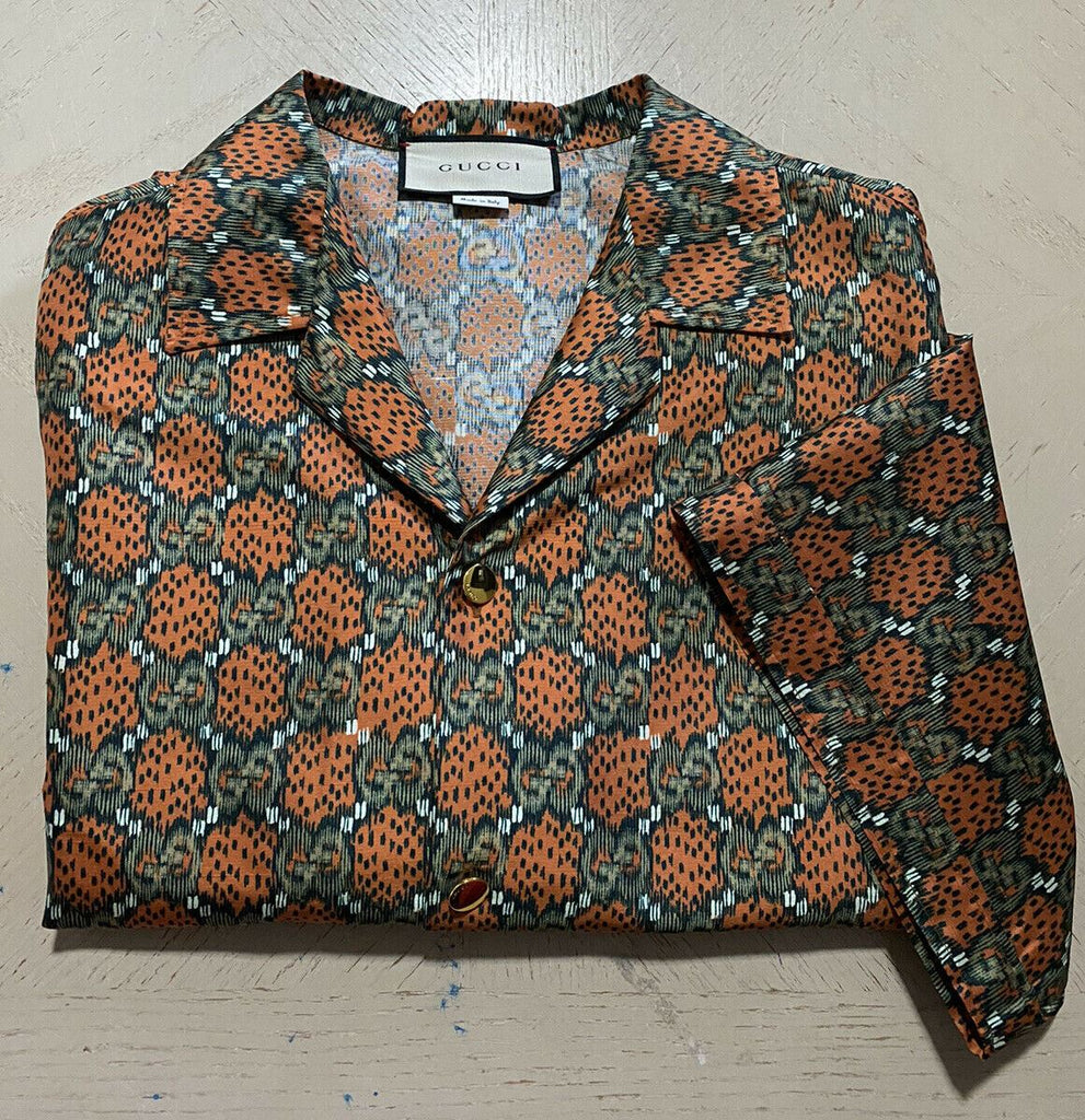 Neu $1850 Gucci Herren Seiden-GG-Monogramm-Bowling-Lose-Hemd Beige/Orange XL
