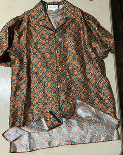 Neu $1850 Gucci Herren Seiden-GG-Monogramm-Bowling-Lose-Hemd Beige/Orange XL