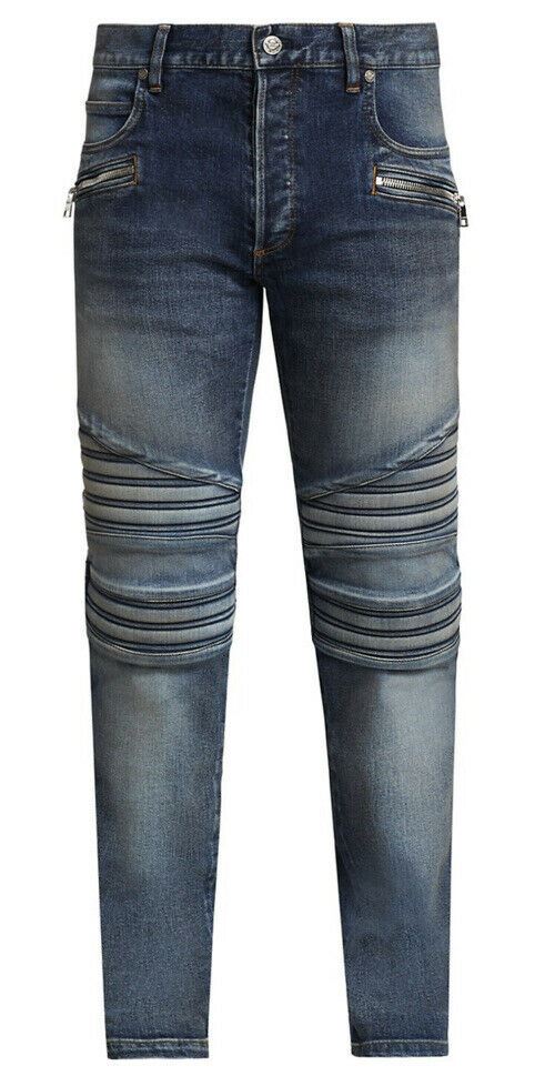 Neu mit Etikett: 1750 $ Balmain Herren-Jeans mit Monogramm-Prägung, gerippt, Blau, 36 (gemessen 38)