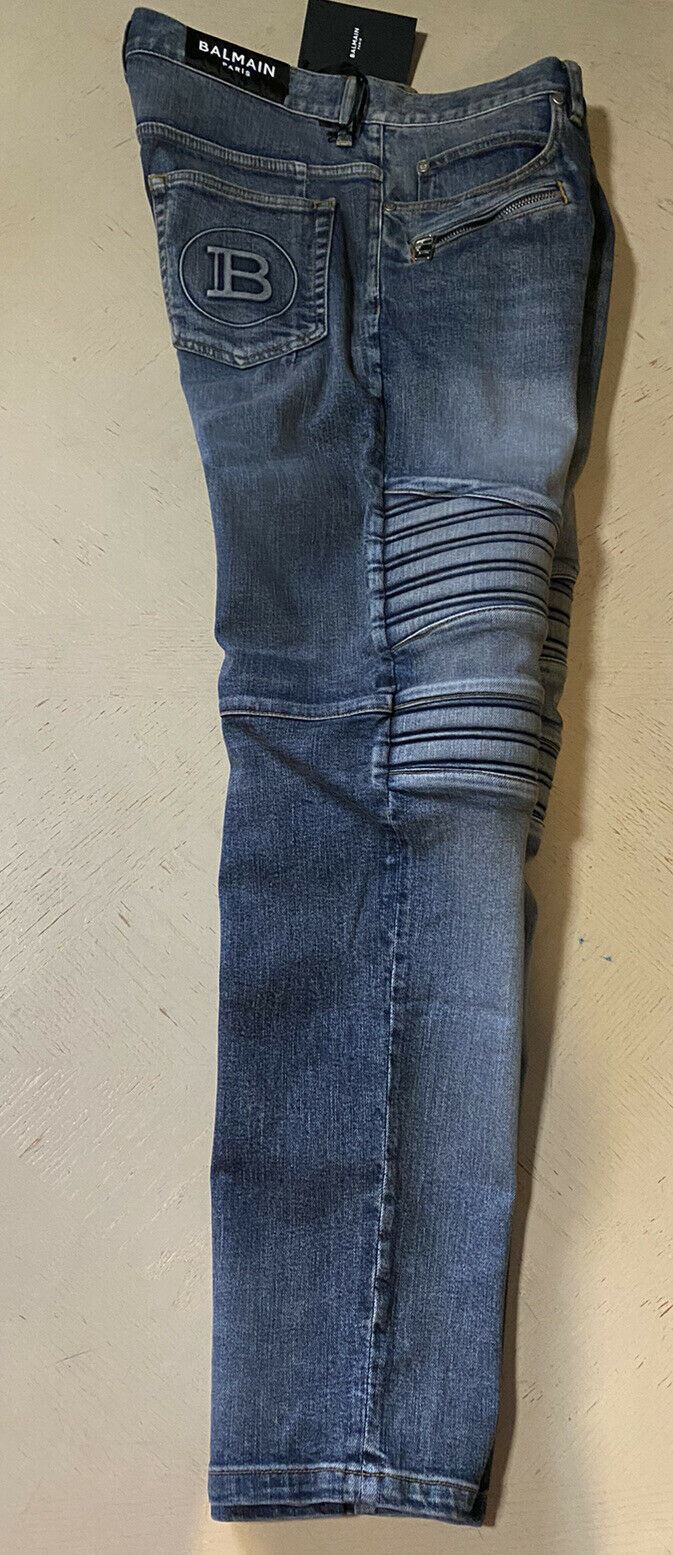NWT $1750 Balmain Men Monogram Embossed Ribbed Jeans Blue 36 ( Measured 38 )