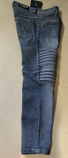 Neu mit Etikett: 1750 $ Balmain Herren-Jeans mit Monogramm-Prägung, gerippt, Blau, 36 (gemessen 38)