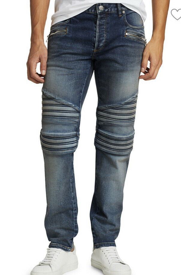NWT $1750 Balmain Men Monogram Embossed Ribbed Jeans Blue 36 ( Measured 38 )