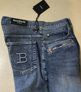 Neu mit Etikett: 1750 $ Balmain Herren-Jeans mit Monogramm-Prägung, gerippt, Blau, 36 (gemessen 38)