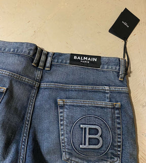 Neu mit Etikett: 1750 $ Balmain Herren-Jeans mit Monogramm-Prägung, gerippt, Blau, 36 (gemessen 38)