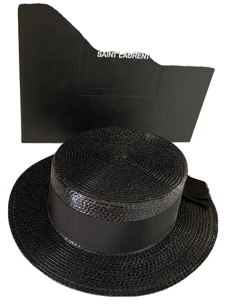 Neu mit Etikett: 695 $ Saint Laurent Kleiner Bootshut aus lackiertem Stroh Schwarz L Italien
