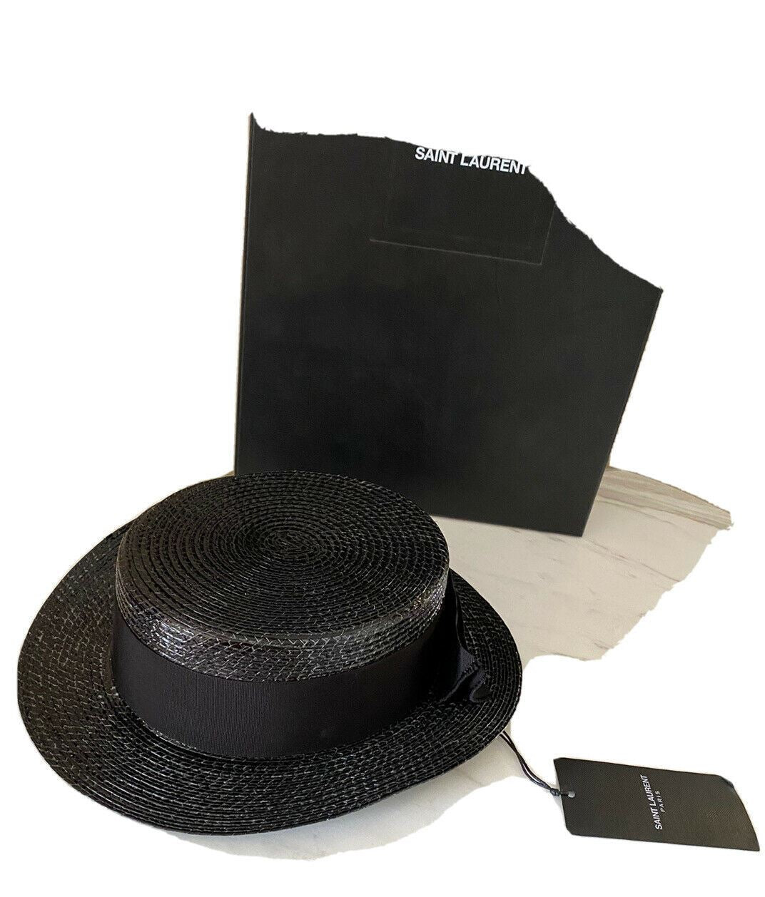 NWT $695 Saint Laurent Small Boater Hat In Varnished Straw Black L Italy