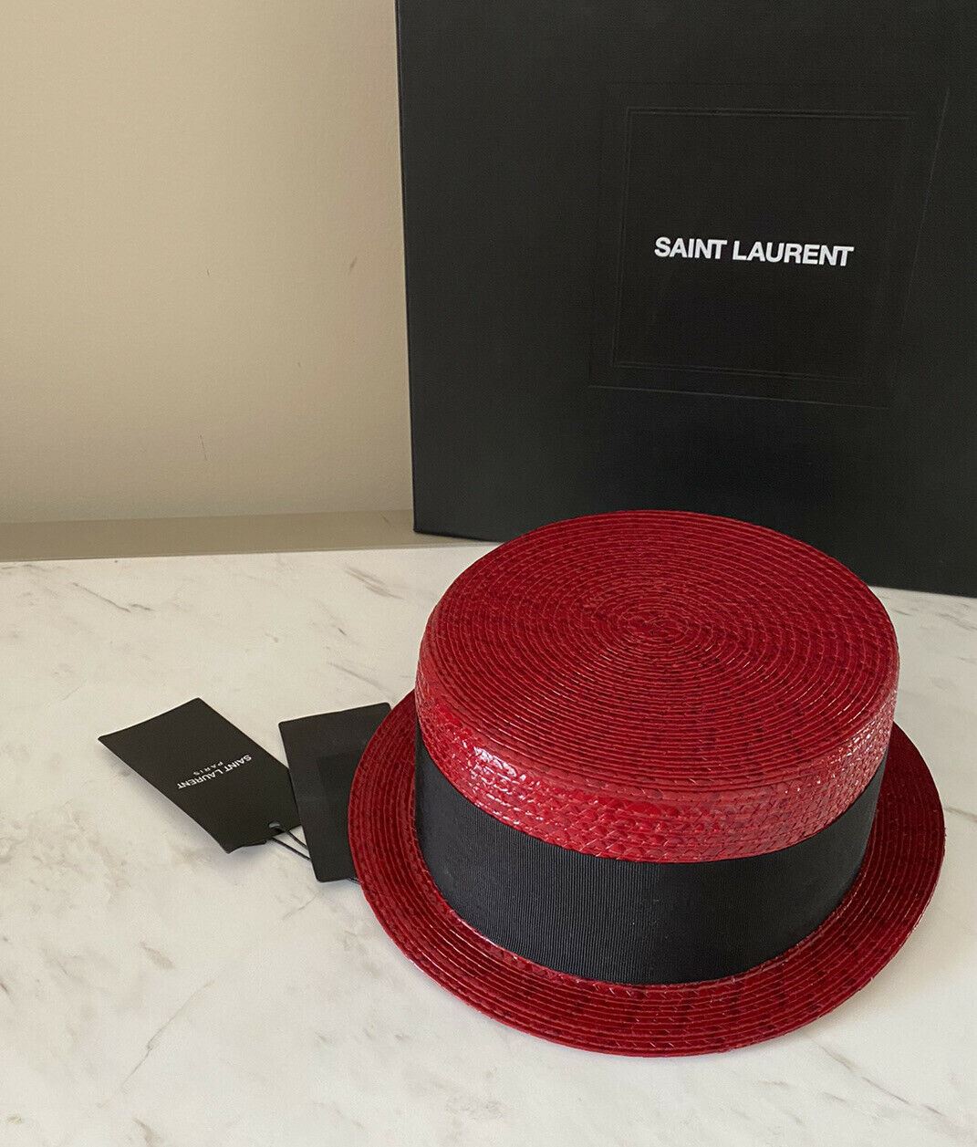 NWT  Saint Laurent Small Boater Hat In Matte Straw Red S Italy