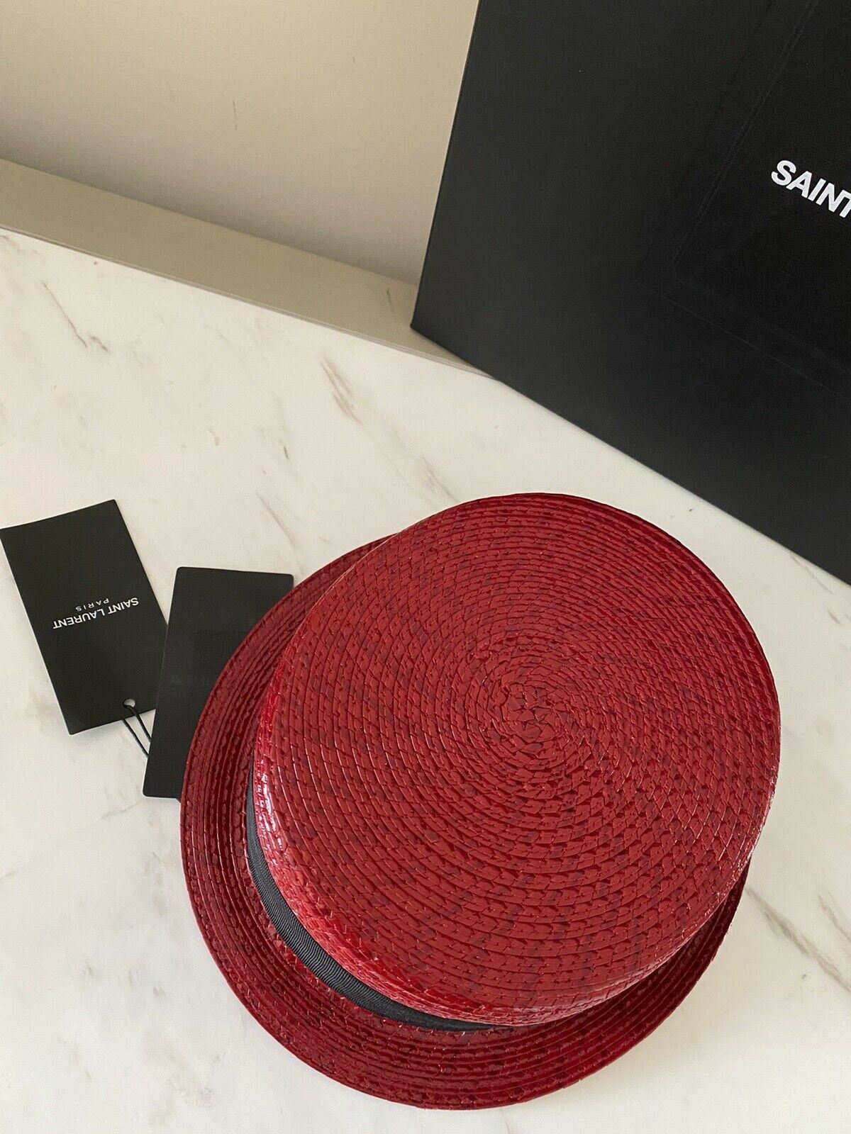 NWT  Saint Laurent Small Boater Hat In Matte Straw Red S Italy