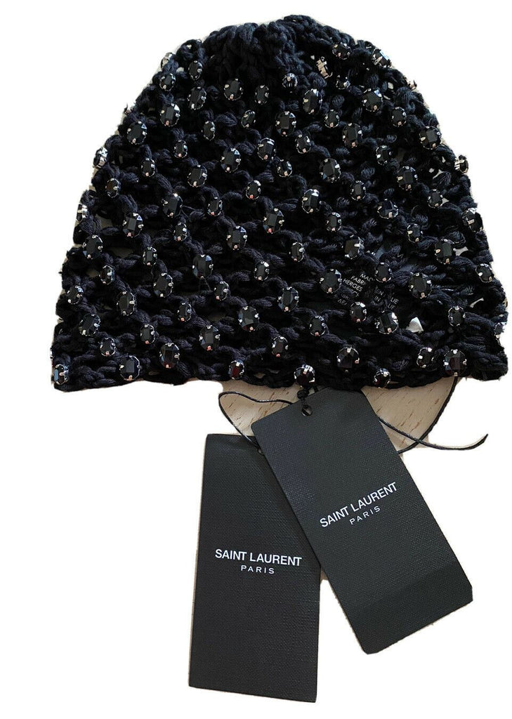 Neu mit Etikett: 1105 $ Saint Laurent Häkelmütze aus Baumwolle mit Kristallen Schwarz M Italien