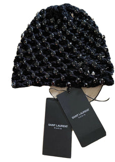 Neu mit Etikett: 1105 $ Saint Laurent Häkelmütze aus Baumwolle mit Kristallen Schwarz M Italien
