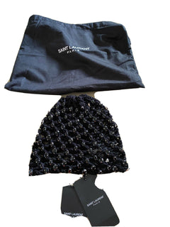 Neu mit Etikett: 1105 $ Saint Laurent Häkelmütze aus Baumwolle mit Kristallen Schwarz M Italien