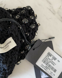Neu mit Etikett: 1105 $ Saint Laurent Häkelmütze aus Baumwolle mit Kristallen Schwarz M Italien