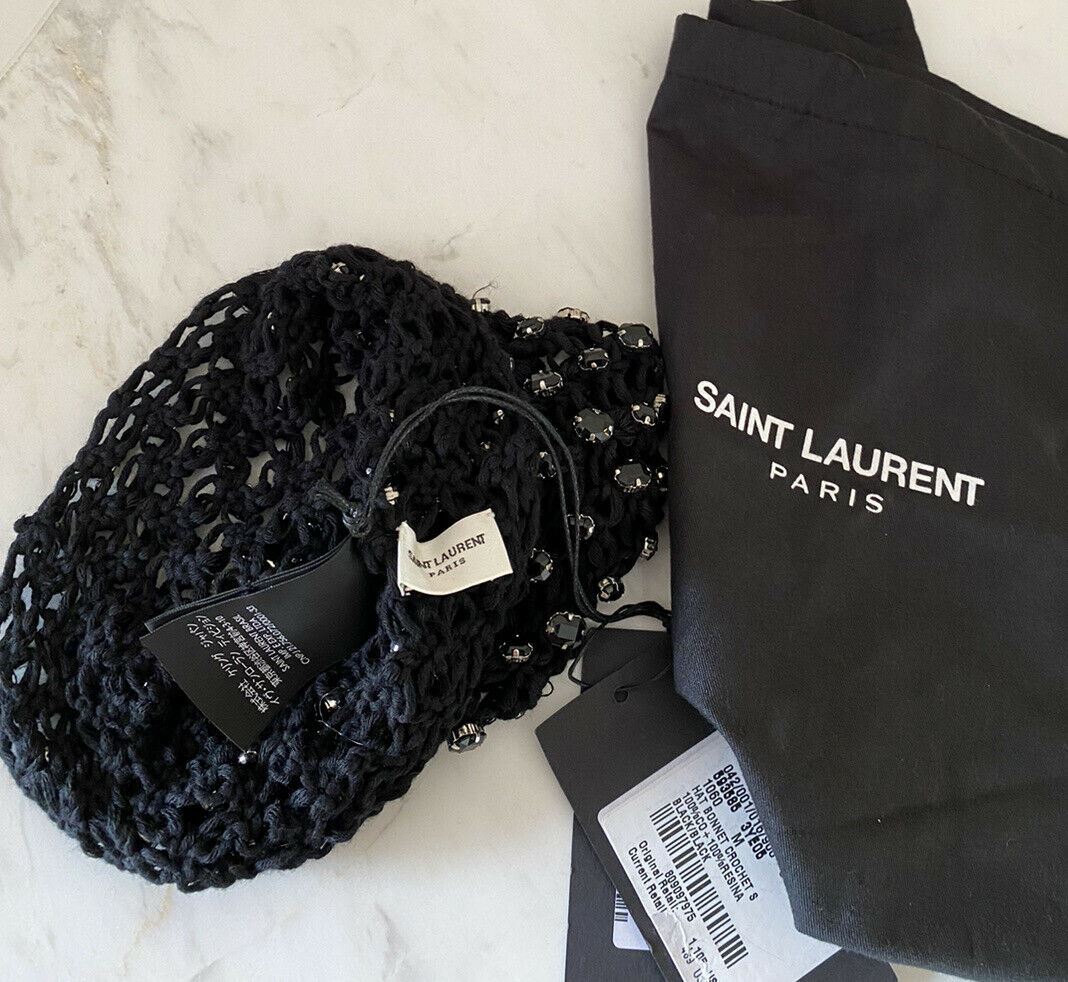 Neu mit Etikett: 1105 $ Saint Laurent Häkelmütze aus Baumwolle mit Kristallen Schwarz M Italien