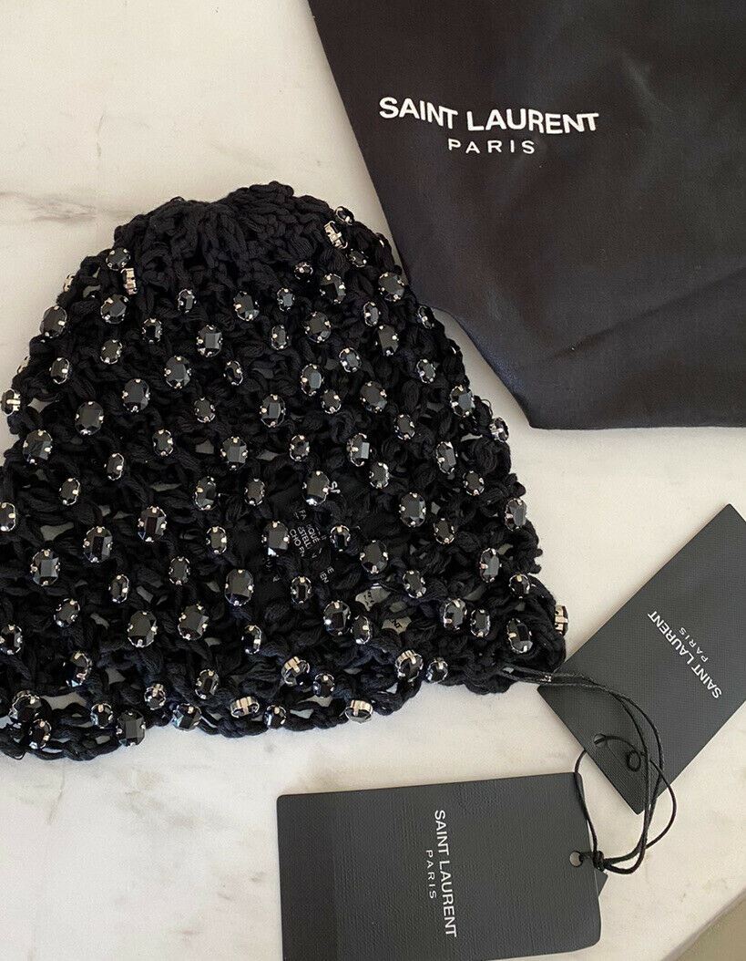 NWT $1105 Saint Laurent Cotton Crochet Hat With Crystals Black M Italy