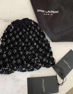 Neu mit Etikett: 1105 $ Saint Laurent Häkelmütze aus Baumwolle mit Kristallen Schwarz M Italien