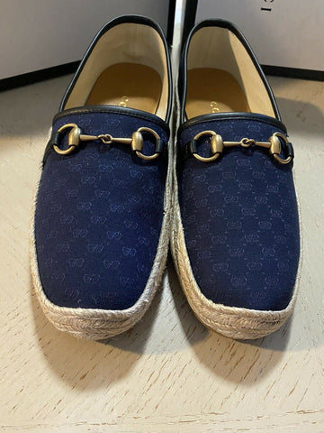 New Gucci Men GG Monogram Canvas/Leather Espadrille Shoes Blue 8.5 US/7.5 UK