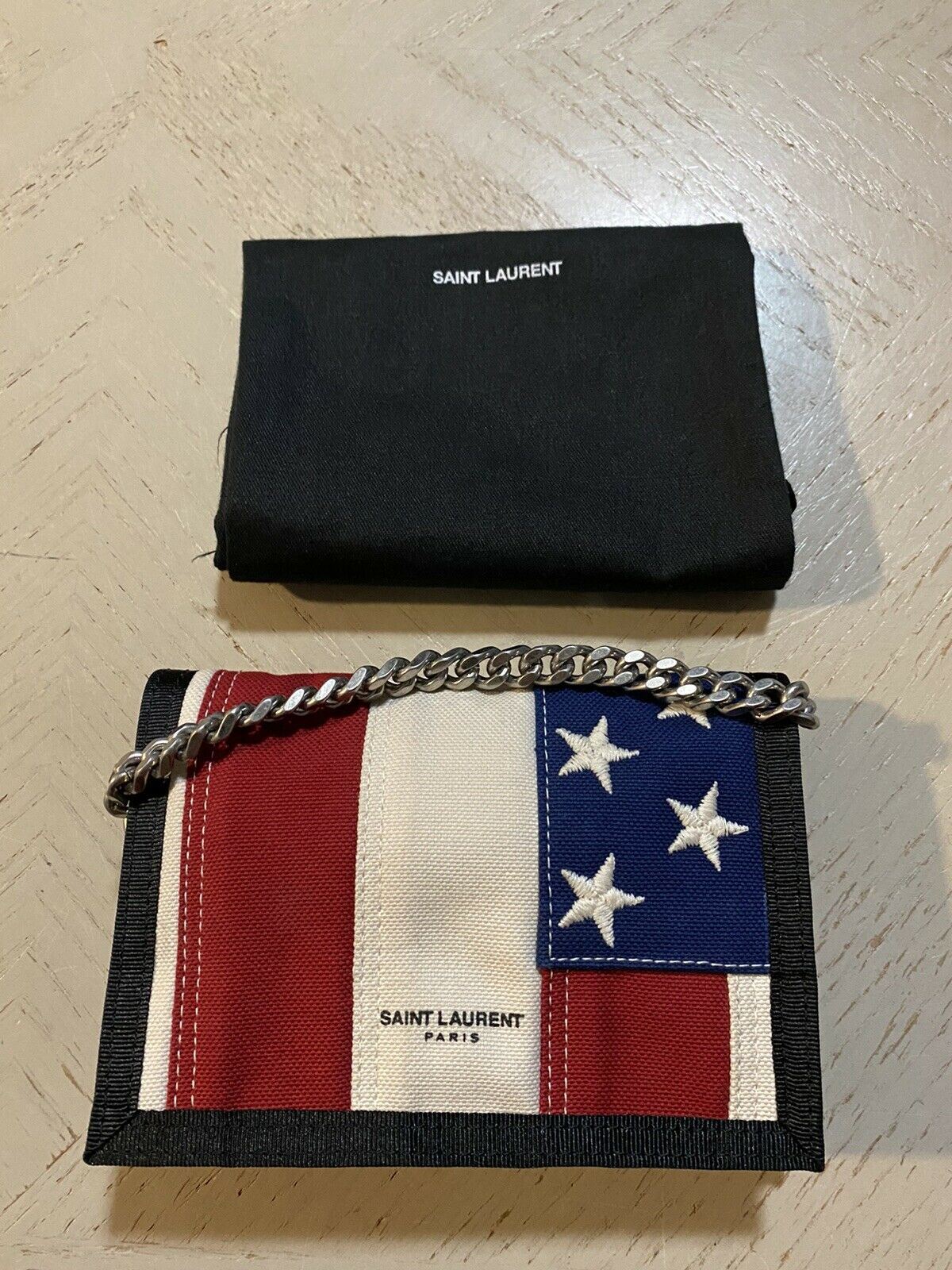 Neue Saint Laurent BUFFALO Chain Geldbörse aus Canvas mit amerikanischer Flagge 556469