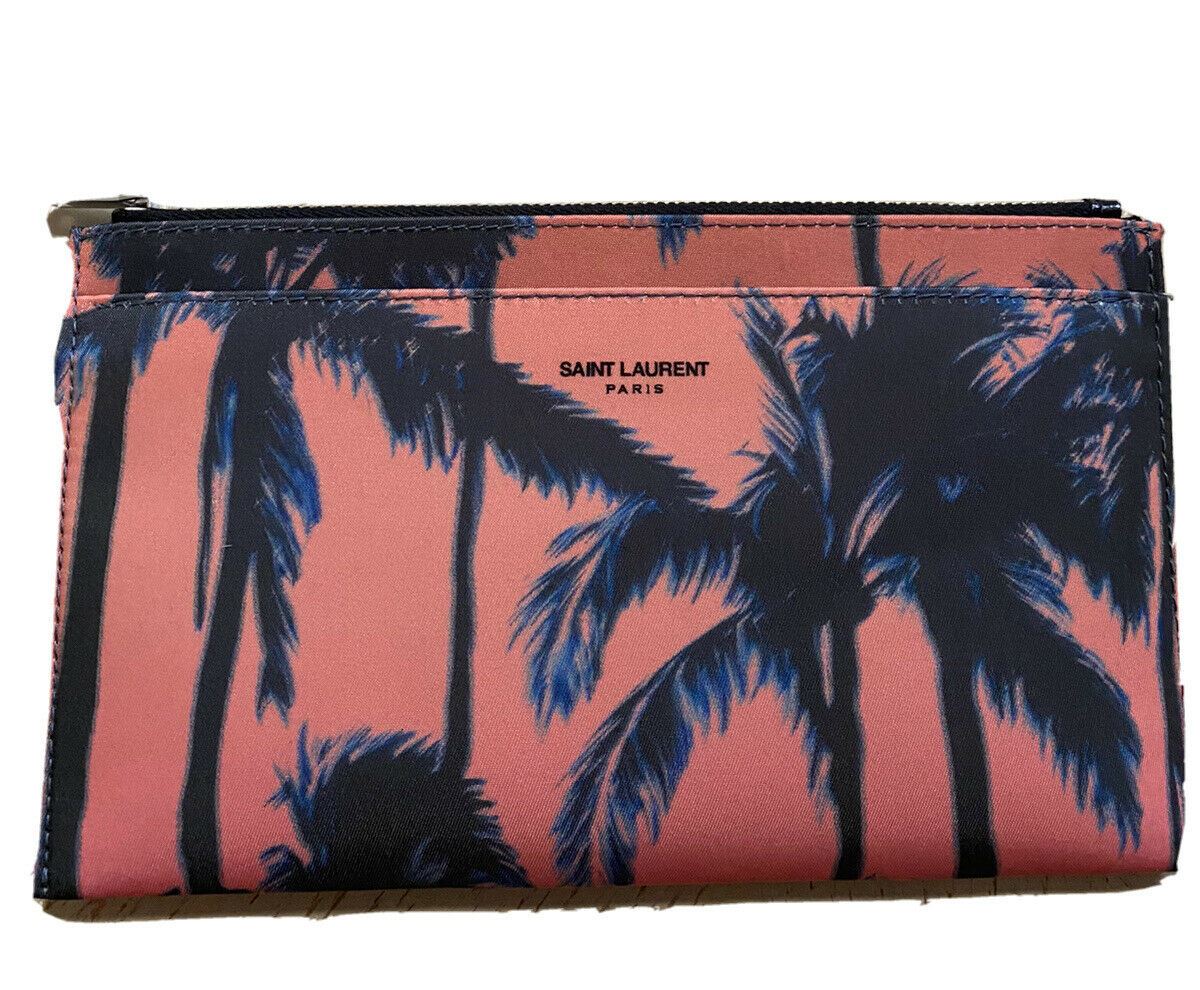 New Saint Laurent Women Zippered Fragments Wallet Palm Print Nylon Pink 556258
