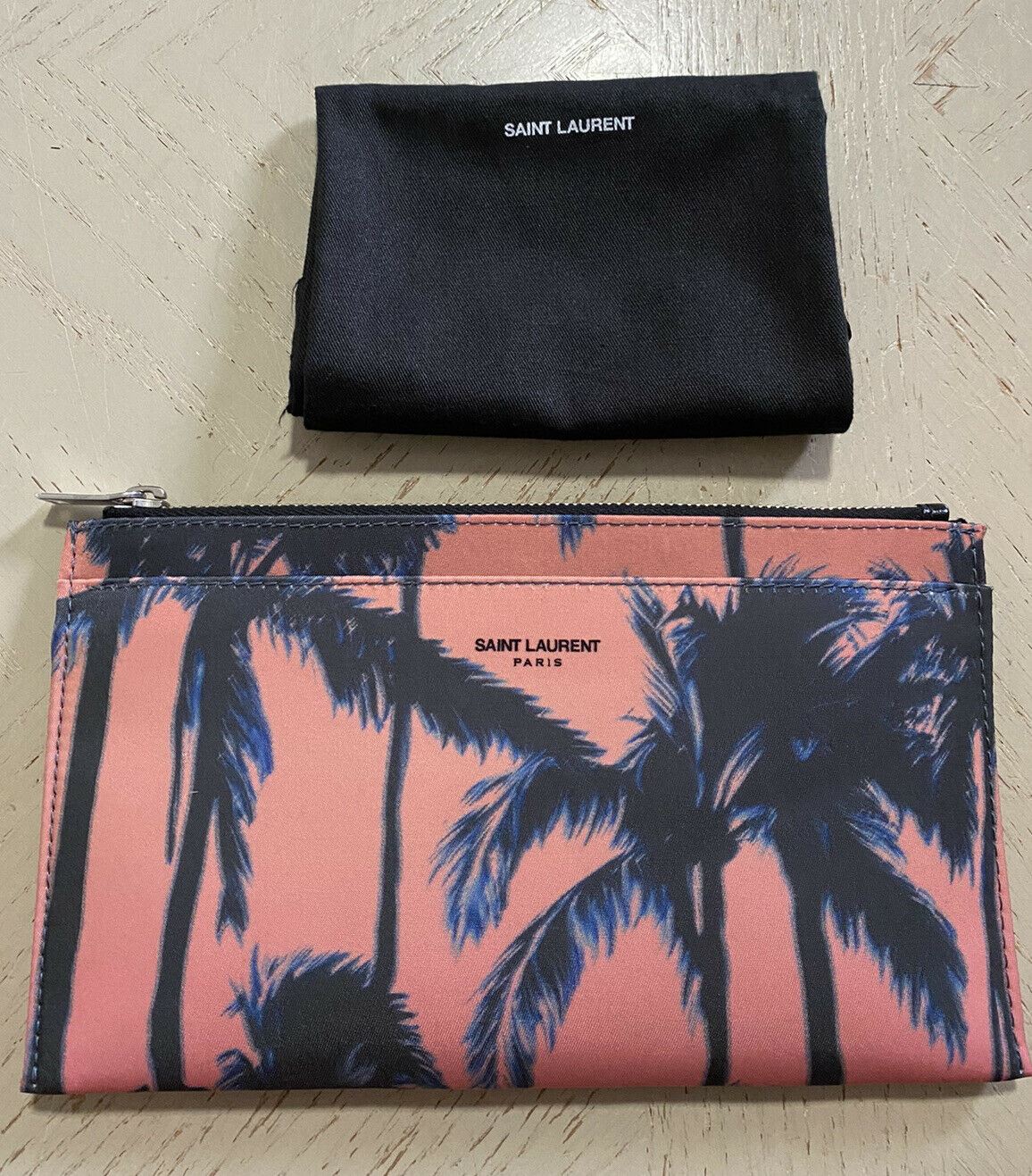 New Saint Laurent Women Zippered Fragments Wallet Palm Print Nylon Pink 556258