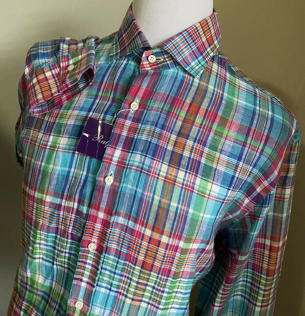 Neu mit Etikett: 495 $ Ralph Lauren Purple Label Herren-Leinenhemd Blau/Rot/Grün XL Italien