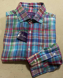 Neu mit Etikett: 495 $ Ralph Lauren Purple Label Herren-Leinenhemd Blau/Rot/Grün XL Italien