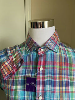 Neu mit Etikett: 495 $ Ralph Lauren Purple Label Herren-Leinenhemd Blau/Rot/Grün XL Italien