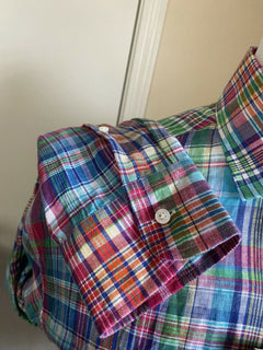 Neu mit Etikett: 495 $ Ralph Lauren Purple Label Herren-Leinenhemd Blau/Rot/Grün XL Italien