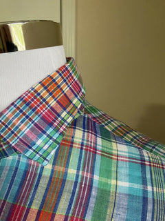 Neu mit Etikett: 495 $ Ralph Lauren Purple Label Herren-Leinenhemd Blau/Rot/Grün XL Italien