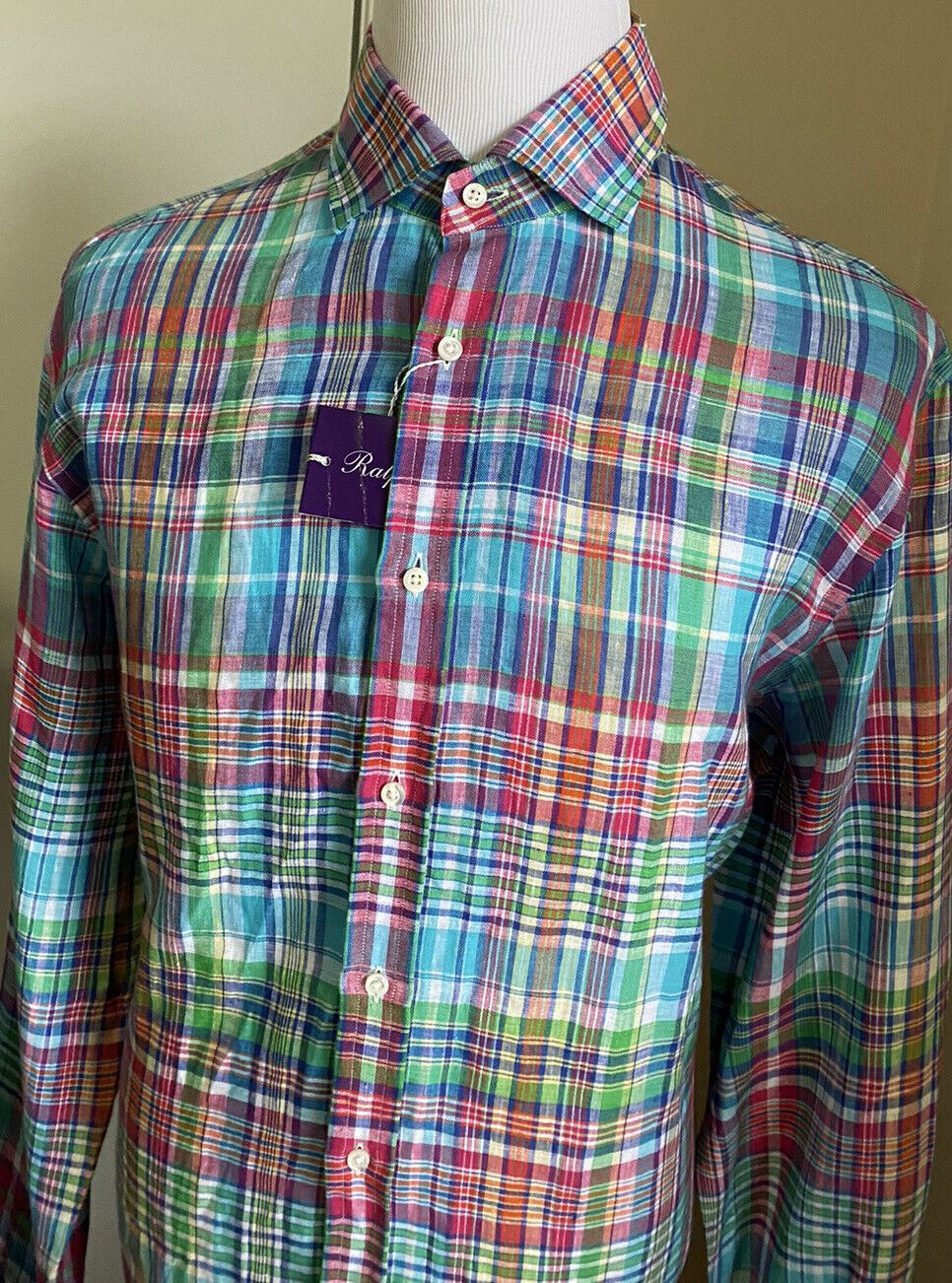 NWT $495 Ralph Lauren Purple Label Men Linen Shirt Blue/Red/Green XL Italy