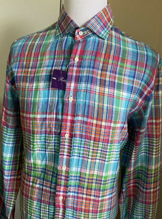 Neu mit Etikett: 495 $ Ralph Lauren Purple Label Herren-Leinenhemd Blau/Rot/Grün XL Italien