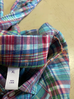 Neu mit Etikett: 495 $ Ralph Lauren Purple Label Herren-Leinenhemd Blau/Rot/Grün XL Italien