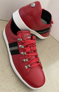 New $695 Balmain Lace-Up Low-Top Leather Sneakers Red 12 US/45 Eu