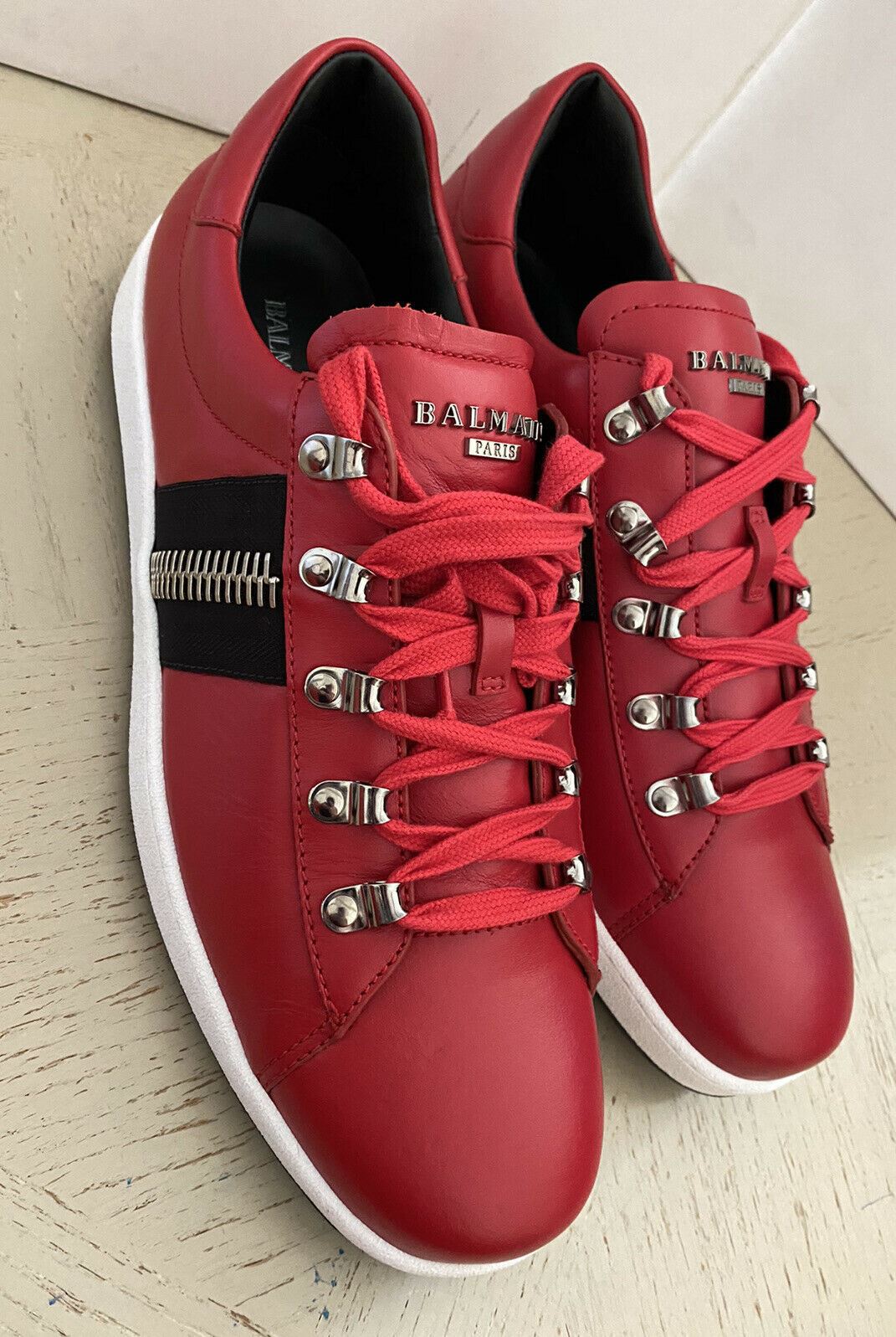 New $695 Balmain Lace-Up Low-Top Leather Sneakers Red 12 US/45 Eu