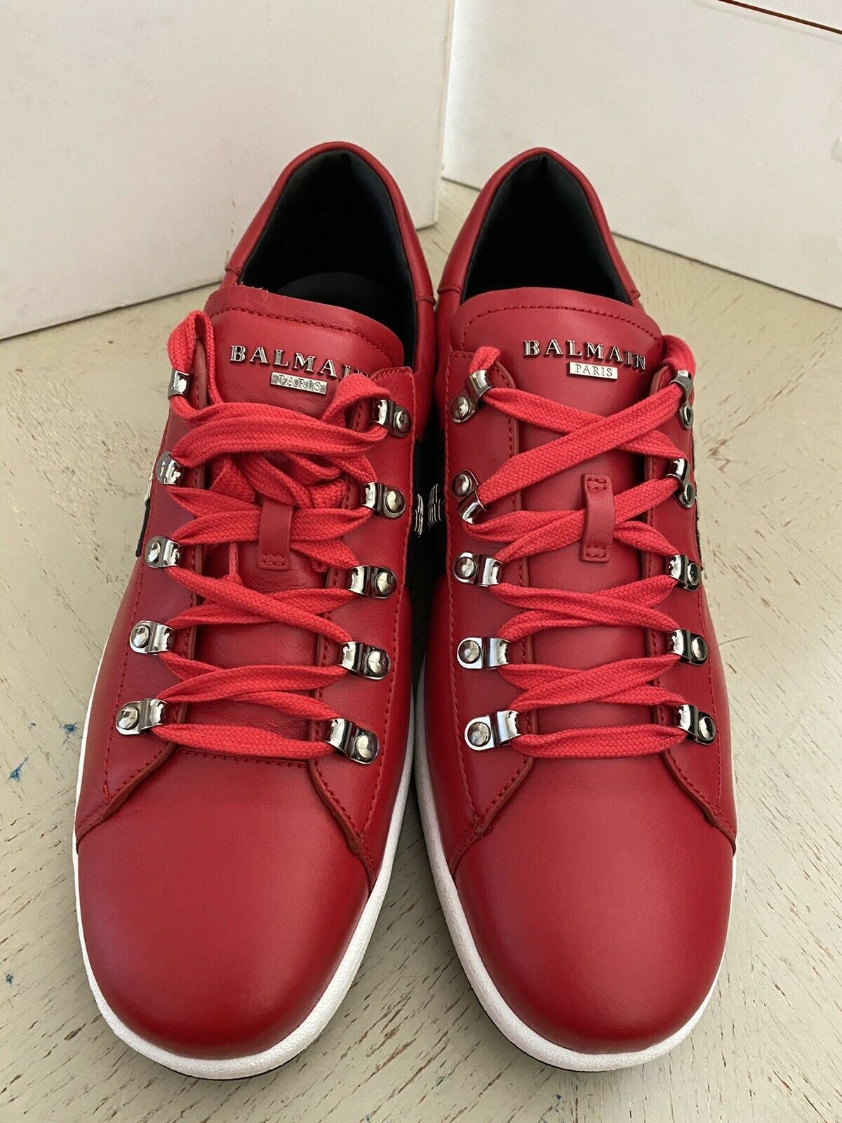 New $695 Balmain Lace-Up Low-Top Leather Sneakers Red 12 US/45 Eu