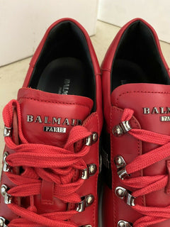 New $695 Balmain Lace-Up Low-Top Leather Sneakers Red 12 US/45 Eu