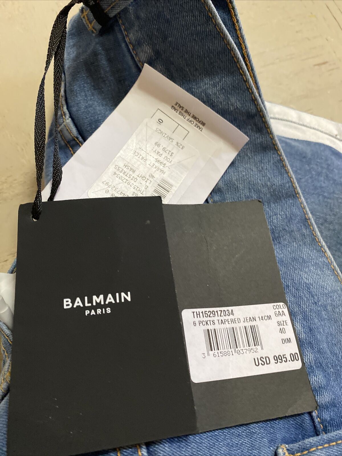 NWT $995 Balmain Men Distressed Side Tope Jeans Blue 40 ( Measured 42 )