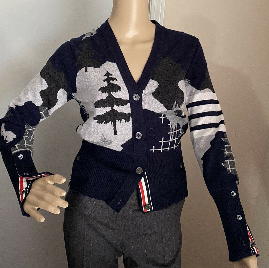 New $1800 Thom Browne Forest Scenery Intarsia Cashmere Cardigan Gray/Navy 6